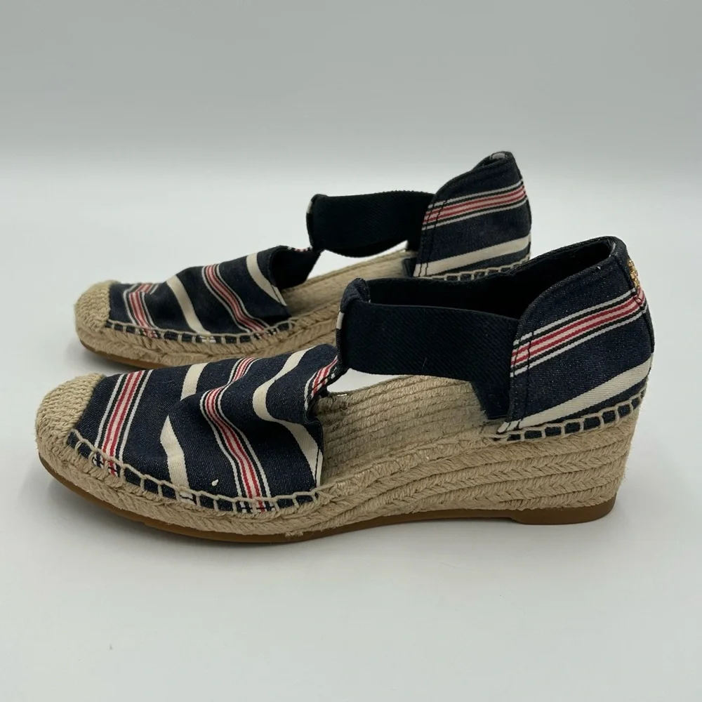 Tory Burch Catalina Espadrille Wedge Preppy Chic Striped Canvas Sandals Navy 7M